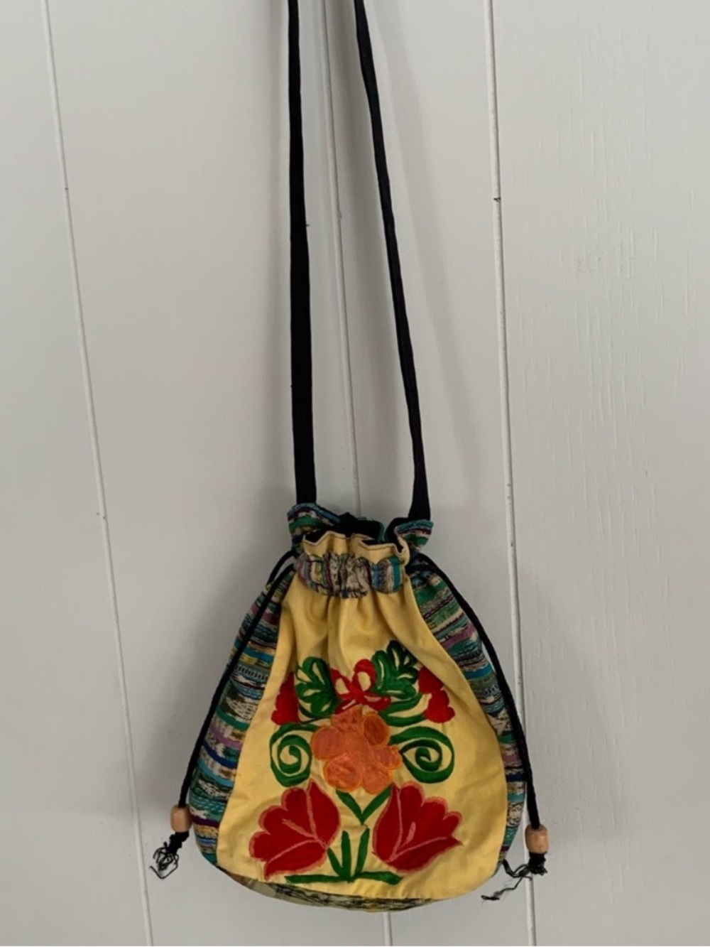 Vintage Boho Floral Embroidered Drawstring Sling Pouch Bag Yellow